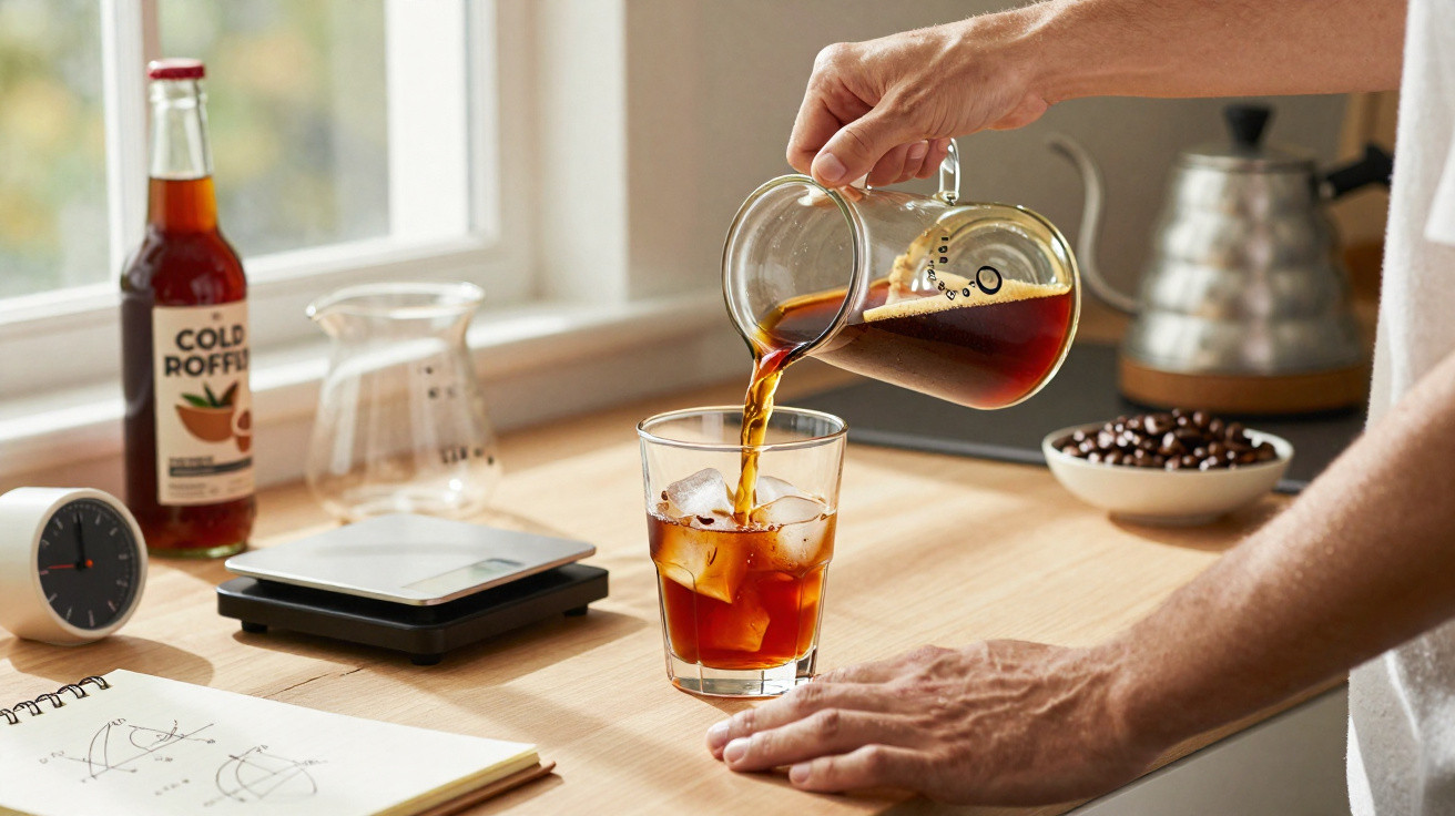 Mann gießt Cold Brew Kaffee über Eiswürfel in ein Glas auf einem hellen Holztisch.