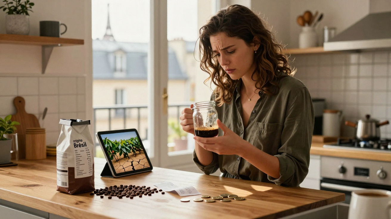 Frau hält Tasse mit Kaffee, blickt besorgt auf Tablet mit vertrockneter Kaffeepflanze, Kaffeesäckchen und Münzen am Tisch.