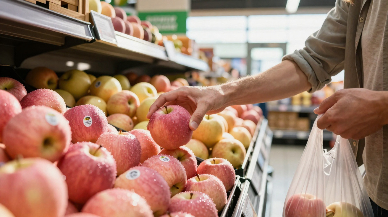 Person im Supermarkt wählt rote Äpfel aus und hält Einkaufssackerl mit Obst in der Hand