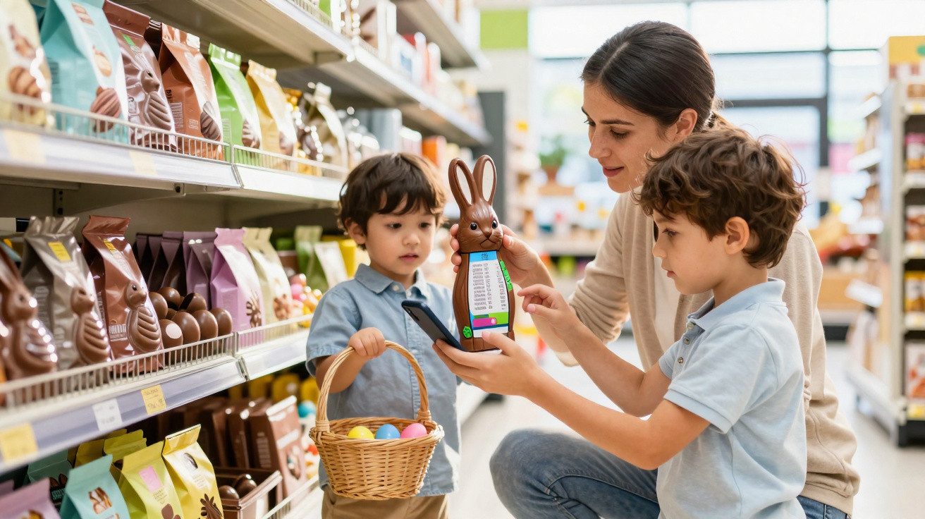 Frau zeigt zwei Kindern im Supermarkt eine Schokoladenosterhasen-Verpackung mit Nährwertangaben.