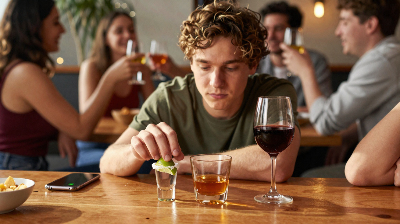 Junger Mann sitzt allein an einem Tisch mit alkoholischen Getränken, im Hintergrund feiern Freunde.