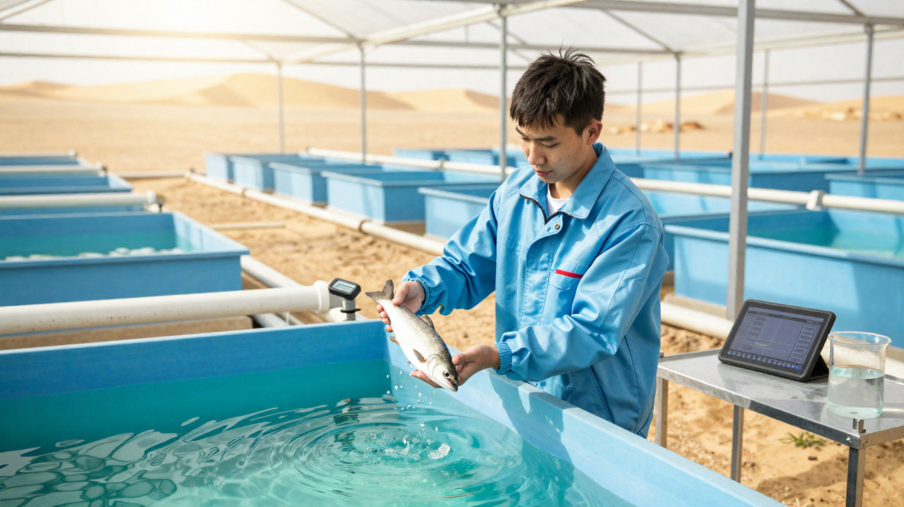 Mitarbeiter in blauer Schutzkleidung hält Fisch über ein Becken in moderner Fischzuchtanlage mit Messgerät und Tablet.