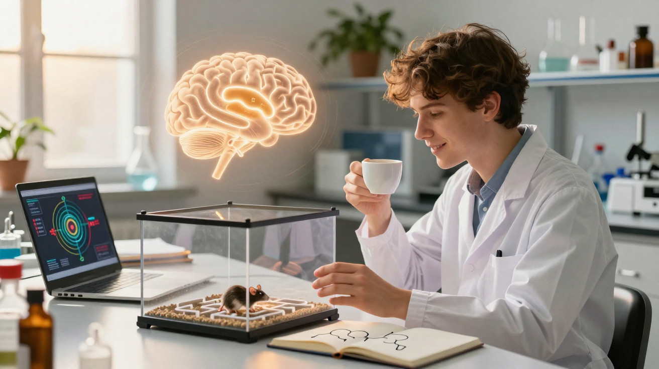 Junger Wissenschaftler im Labor mit Maus im Terrarium und 3D-Hirnprojektion, trinkt Kaffee.