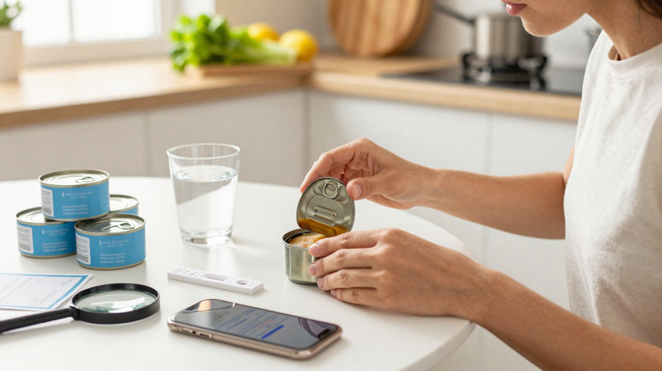 Frau öffnet Dose mit Lebensmittel, daneben Smartphone, Lupe, Teststreifen und ein Glas Wasser auf Tisch in Küche.