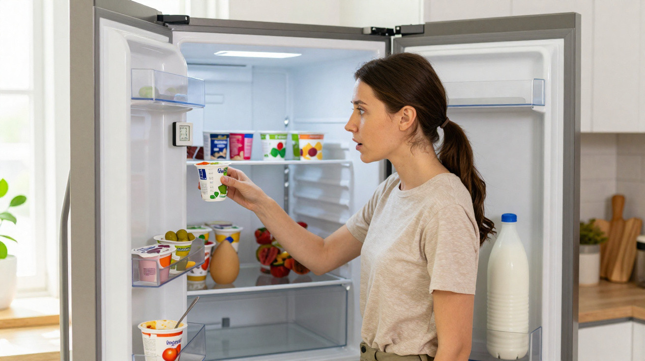 Frau nimmt Joghurt aus offenem Kühlschrank in moderner Küche am hellen Fenster.