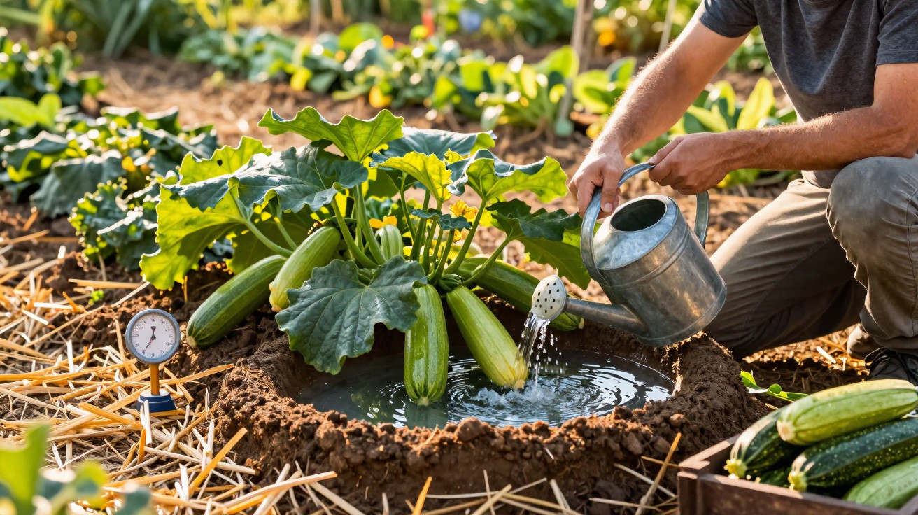 Mann gießt Zucchinipflanzen in einem Gartenbeet, umgeben von fruchtbarem Boden und Stroh mulchen.