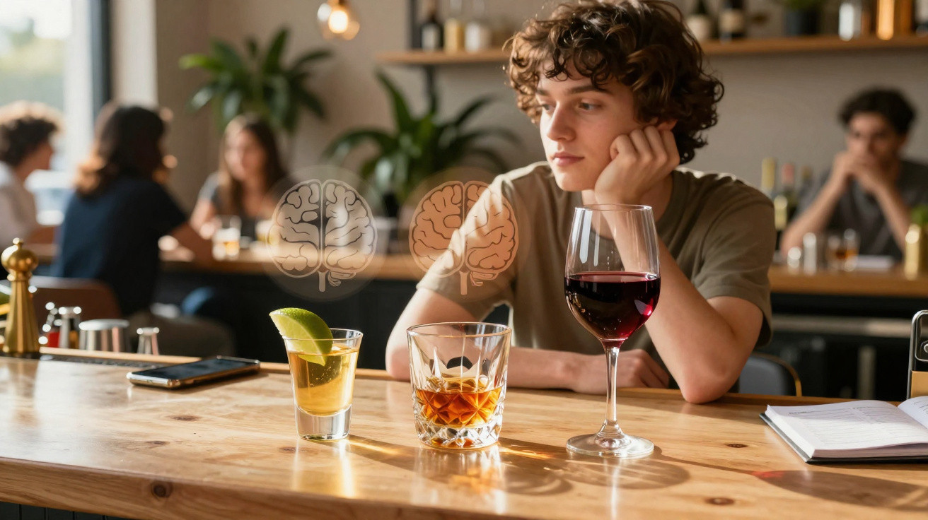 Junger Mann sitzt nachdenklich an Bar mit drei verschiedenen alkoholischen Getränken vor sich.