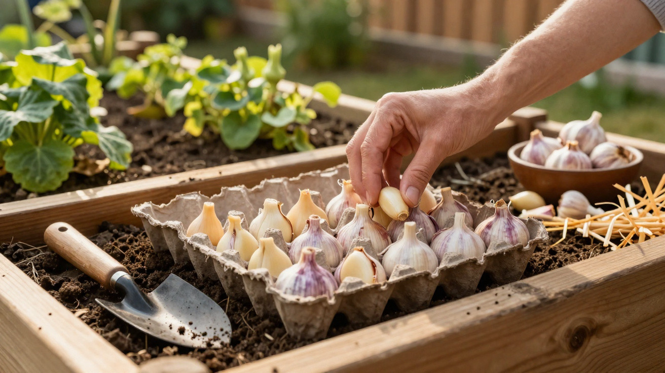 Hand legt Knoblauchzehe in Eierkarton auf Hochbeet mit Gartenwerkzeug und Pflanzen.