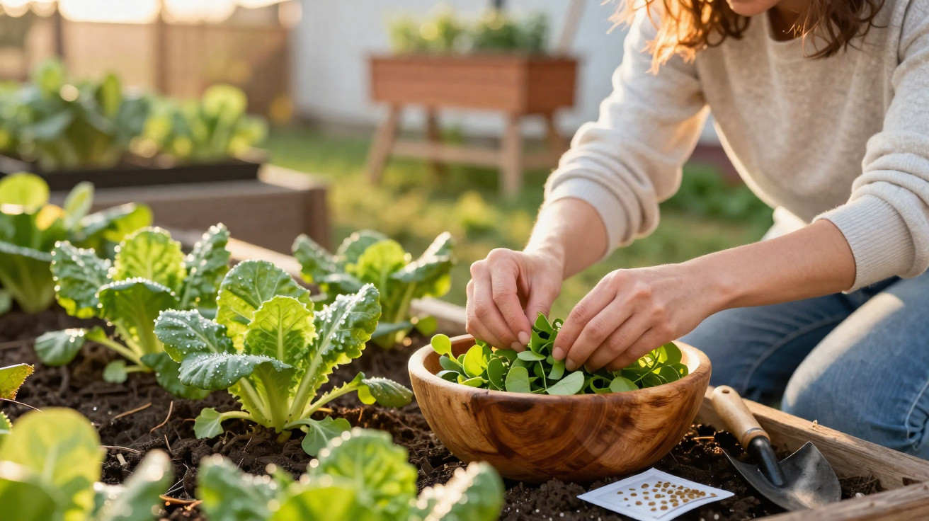 Person erntet frisches Grünzeug aus Hochbeet und legt es in Holzschale im Garten.