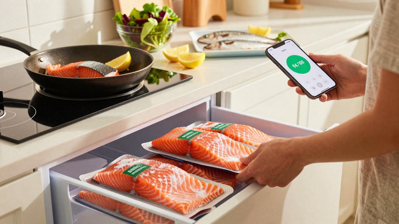 Person legt frisches Lachsfilet aus dem Kühlschrank, während in der Pfanne Lachs mit Zitronenscheibe brät.