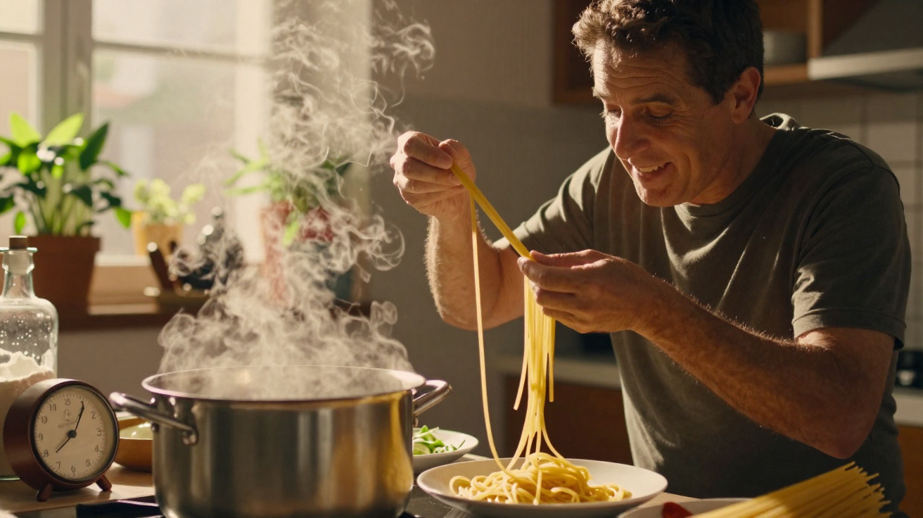 Mann richtet dampfende Spaghetti aus einem Kochtopf in einer sonnendurchfluteten Küche an.