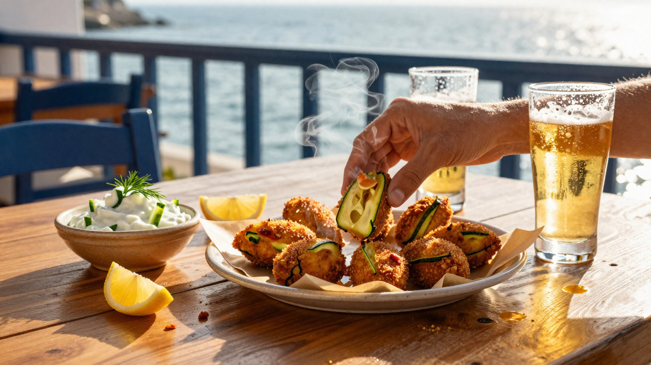 Hand greift Zucchini-Kroketten bei Bier und Dip auf Holzterrasse mit Meeresblick.