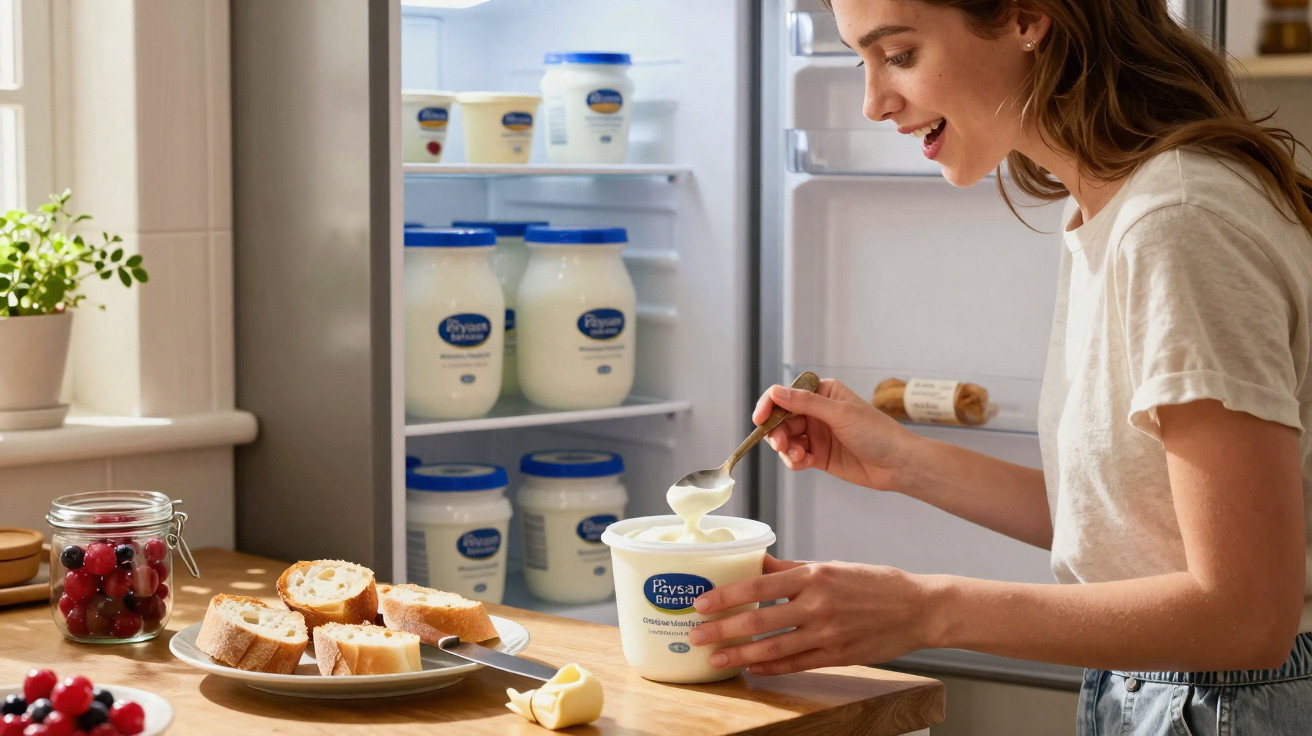 Frau löffelt Joghurt aus einem Becher vor offenem Kühlschrank mit weiteren Joghurtbechern und Brot auf Tisch.