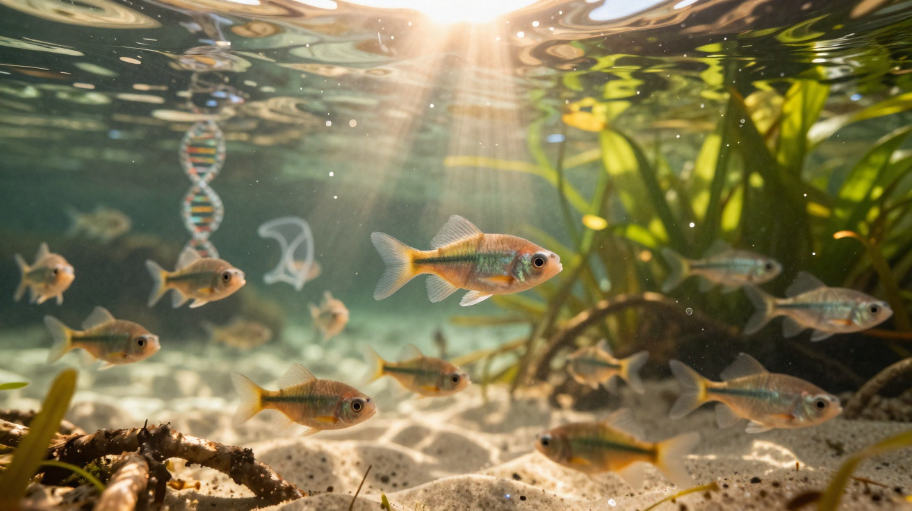 Unterwasseraufnahme von kleinen Fischen, Sonnenlicht und Pflanzen im klaren Wasser eines Gewässers.