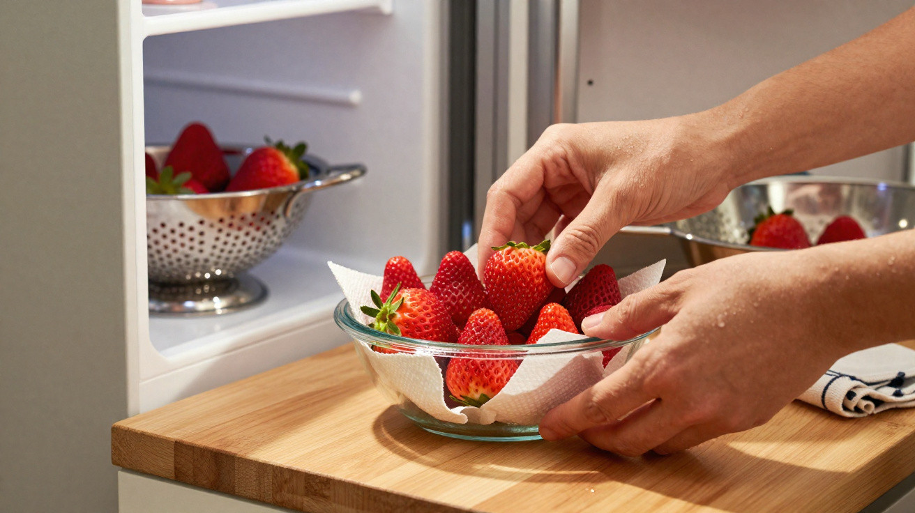 Hände legen frische Erdbeeren aus Glas-Schüssel neben offenem Kühlschrank mit Erdbeeren auf Holztisch.
