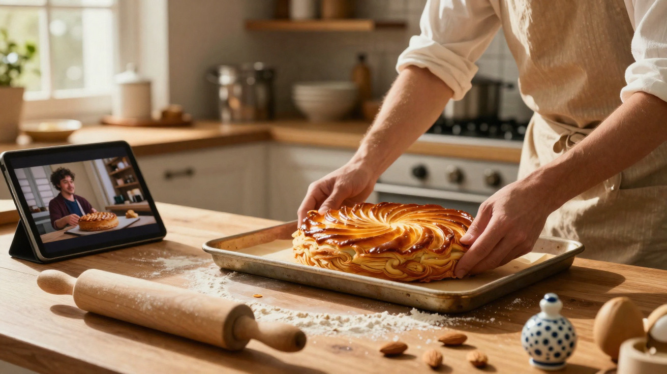 Person in der Küche legt frisch gebackenen Kuchen auf Backblech, Tablet zeigt Tutorial mit anderem Kuchen.