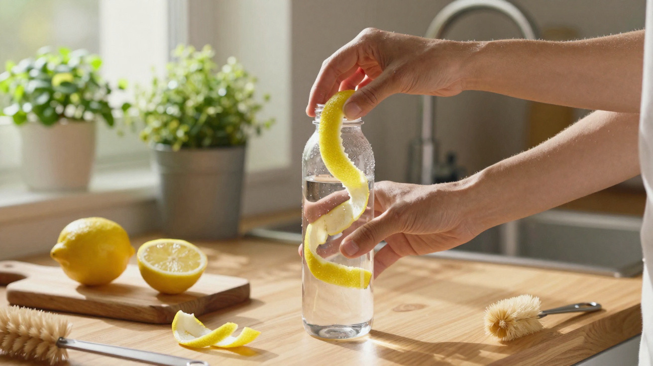 Hand legt Zitronenschale in eine Glasflasche mit Wasser in heller Küche mit Pflanzen am Fenster.