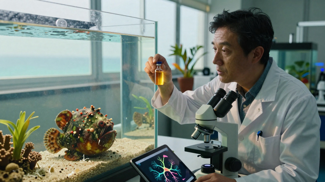 Wissenschaftler analysiert Flüssigkeit vor Aquarium mit ungewöhnlichem stacheligem Fisch im Labor.