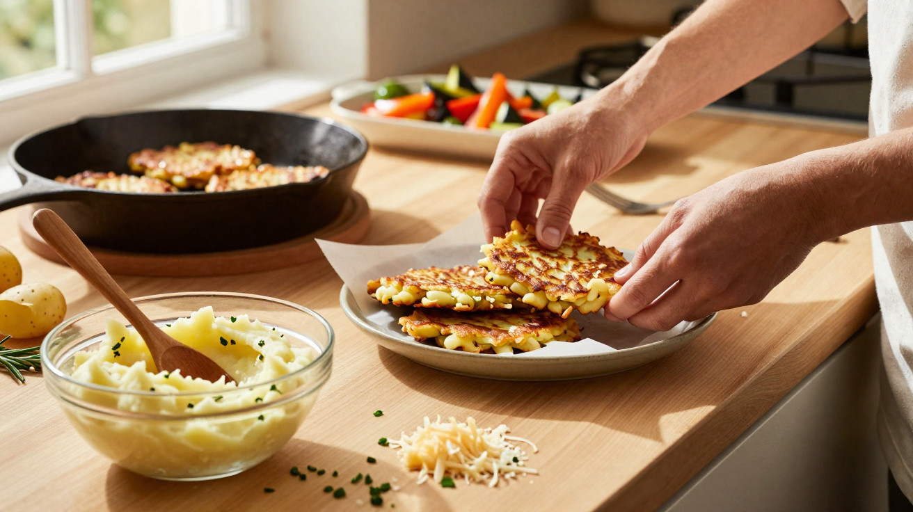 Person legt frisch gebratene Kartoffelpuffer auf einen Teller, daneben Kartoffelpüree und Käse auf der Arbeitsfläche.