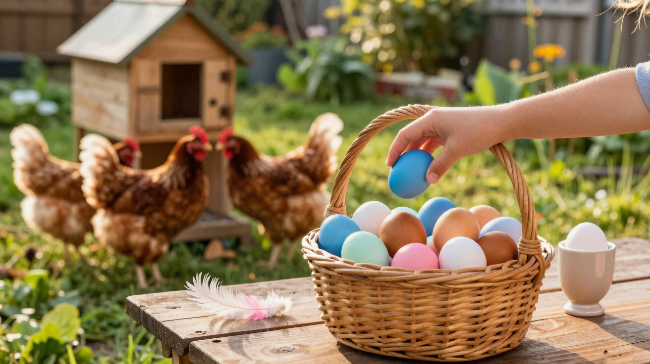 Hand legt bunt gefärbtes Ei in gefüllten Weidenkorb, Hühner und Hühnerstall im Garten im Hintergrund.
