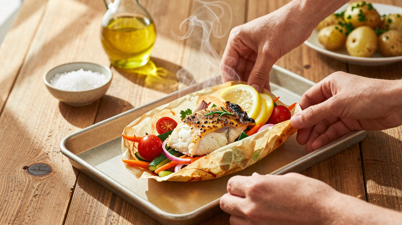 Zwei Hände halten einen dampfenden Wrap mit gegrilltem Fisch, Zitronenscheiben und frischem Gemüse auf einem Backblech.