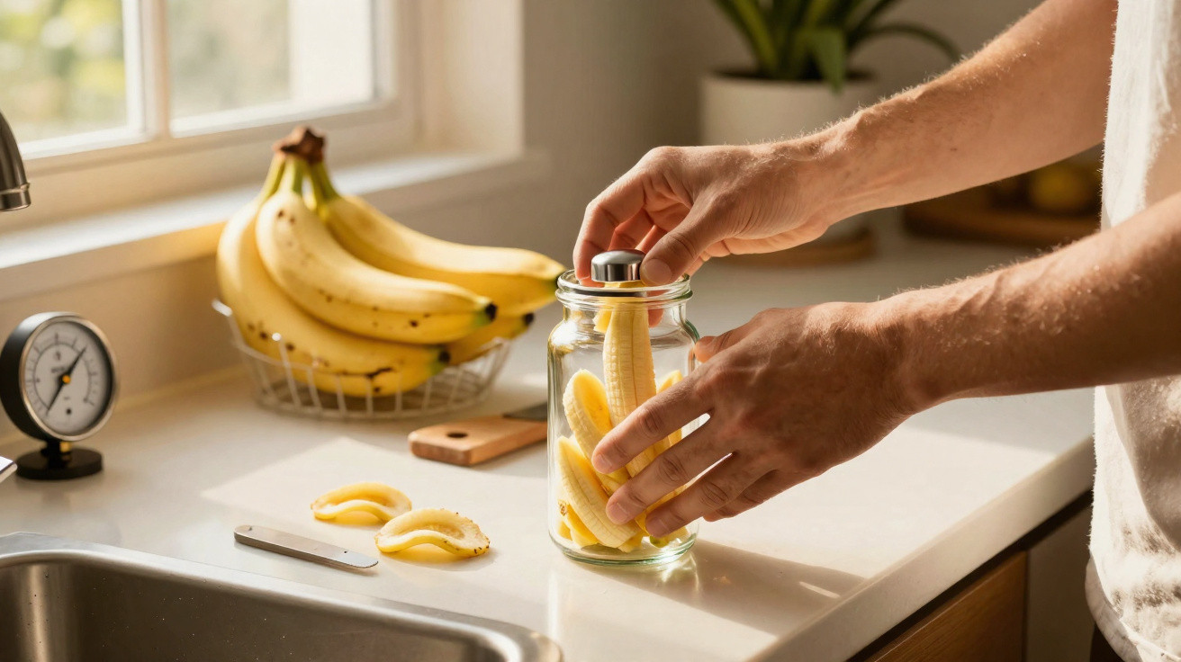 Person legt Bananenstücke in ein Glas in einer hellen Küche mit Bananen im Hintergrund.