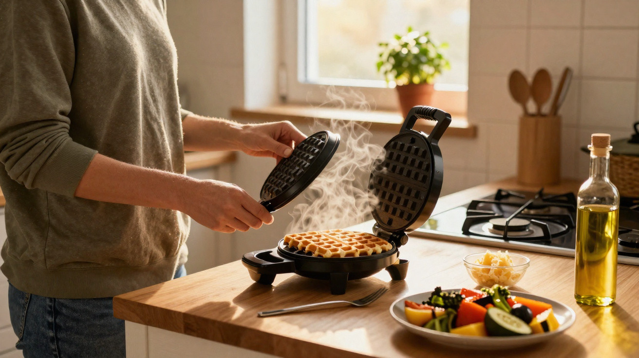 Person öffnet Dampfwaffeleisen mit frisch gebackener Waffel in heller Küche bei Tageslicht.