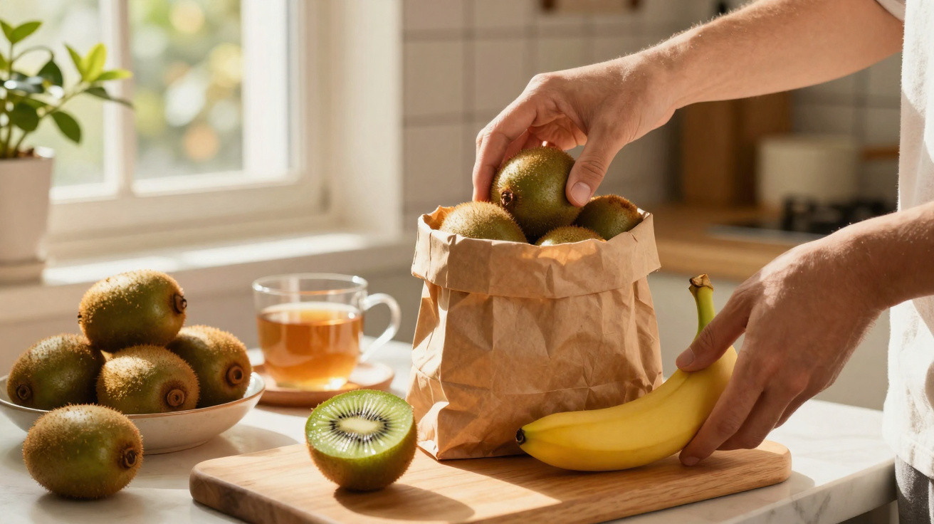 Person legt Kiwis in eine Papiertüte, Banane und eine halbe Kiwi auf einem Schneidebrett in der Küche.