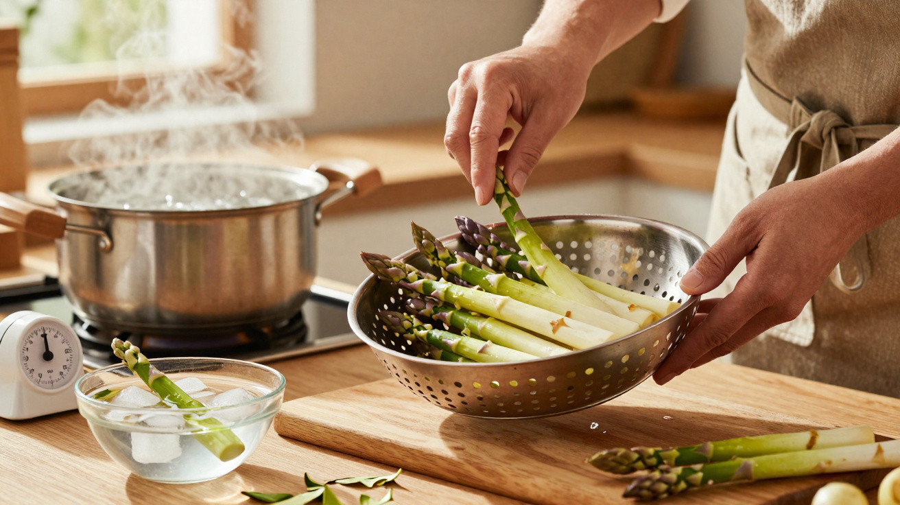 Person legt Spargel in ein Sieb zum Abkühlen, dampfender Kochtopf und Eiswasser auf Holzküche.