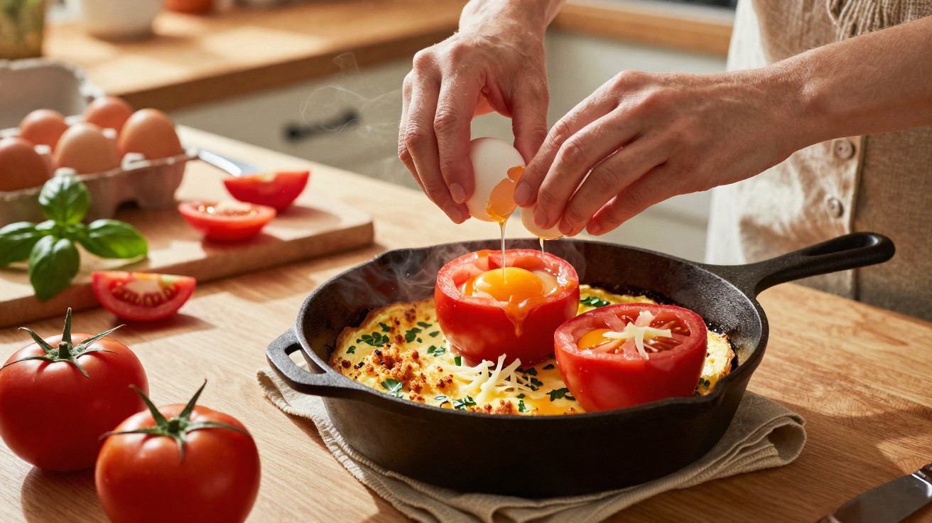 Person schlägt Ei in ausgehöhlte Tomate über Pfanne mit Omelett in moderner Küche auf Holzarbeitsplatte.
