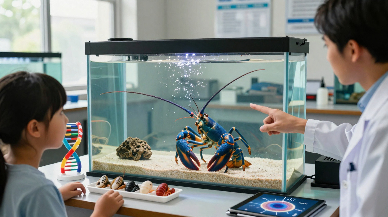 Kind und Forscher beobachten zwei Hummer in einem Aquarium im Labor, umgeben von wissenschaftlichen Geräten.