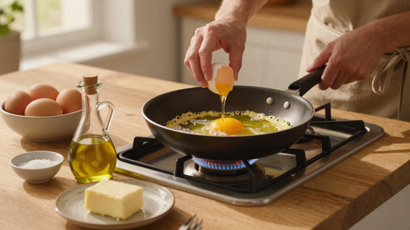 Person bricht Ei in Pfanne auf Gasherd in heller Küche mit Butter, Öl, Salz und Schale mit Eiern auf Tisch.