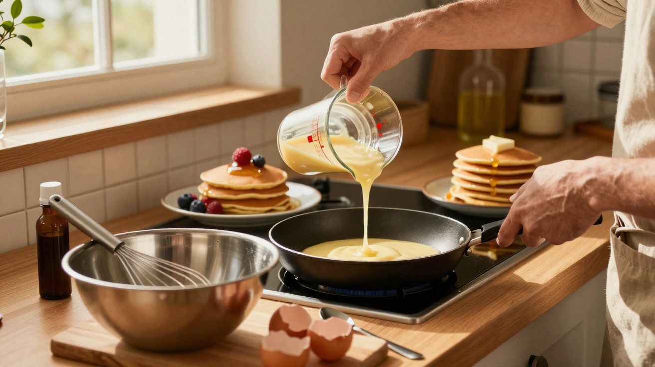 Person gießt Pancake-Teig in Pfanne, stapel fertige Pancakes mit Beeren im Hintergrund auf Küchentisch.