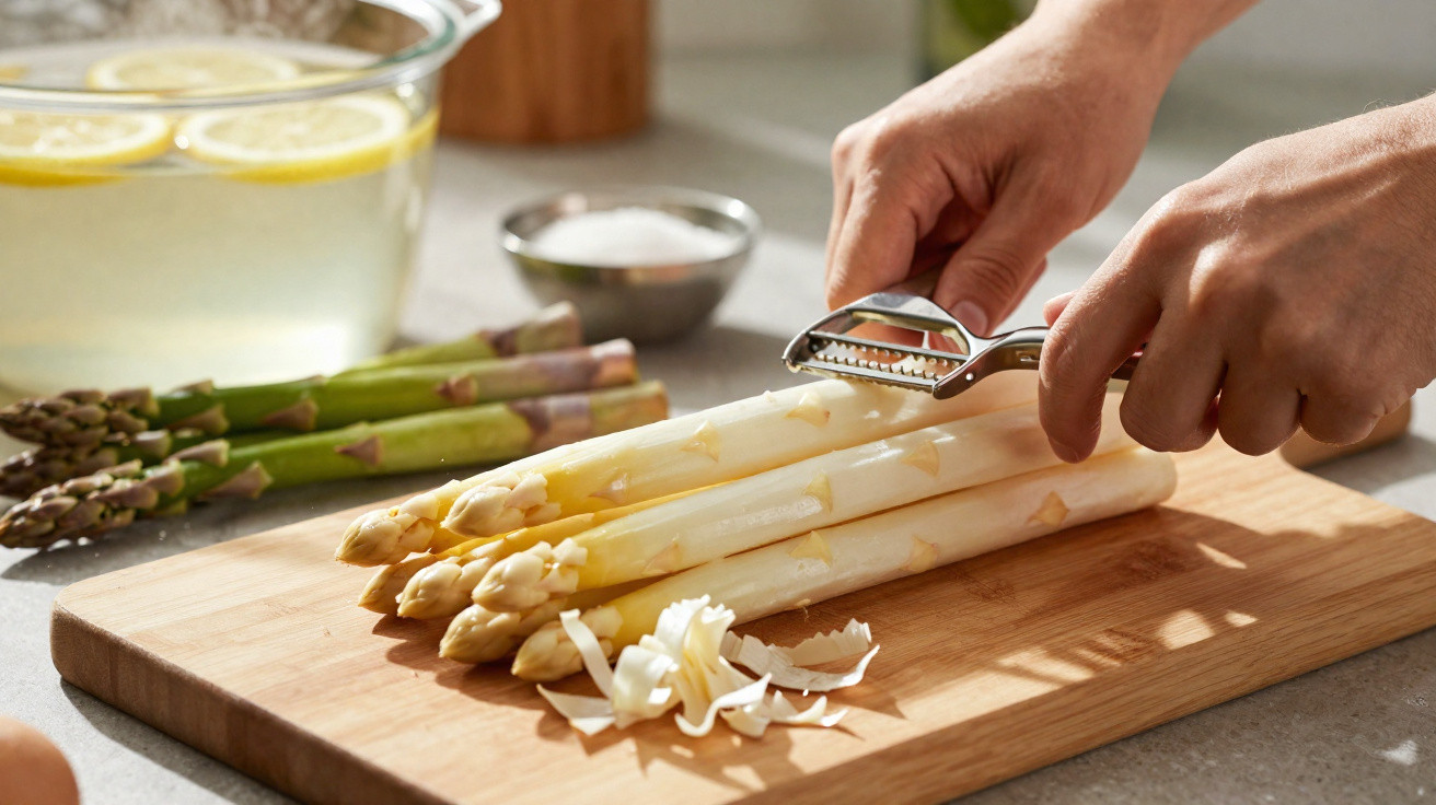 Hände schälen weißen Spargel mit einem Schäler auf einem Holzbrett in einer Küche.