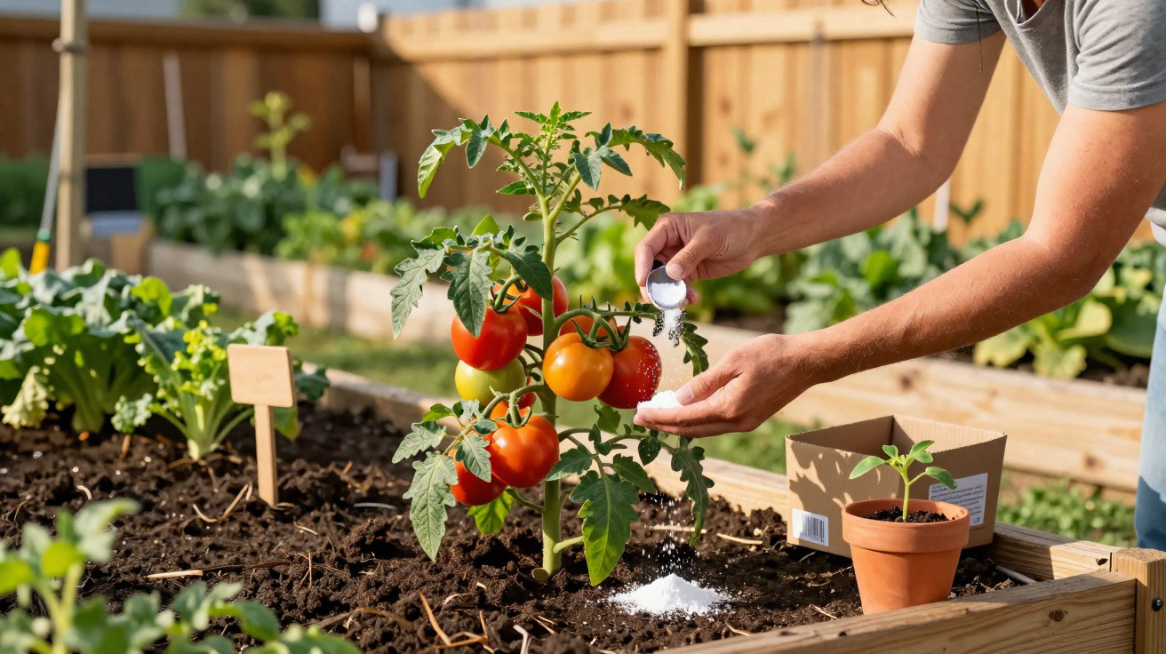 Person gibt Pflanzen im Gartenbeet Dünger auf Tomatenpflanze mit reifen Früchten.