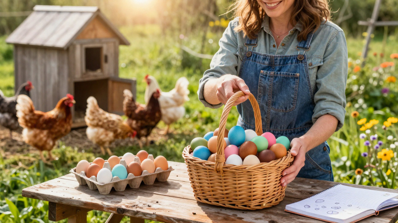 Frau im Garten mit bunter Eierkorb und Hühnern neben einem Hühnerstall an sonnigem Tag.