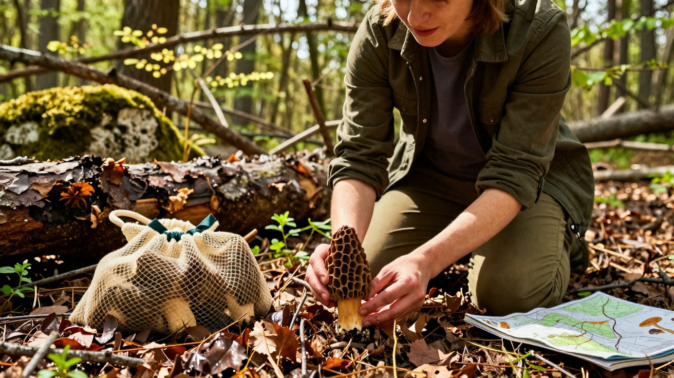 Frau sammelt Morcheln im Wald, neben ihr liegen ein Netzbeutel mit Pilzen und eine Pilzkarte.
