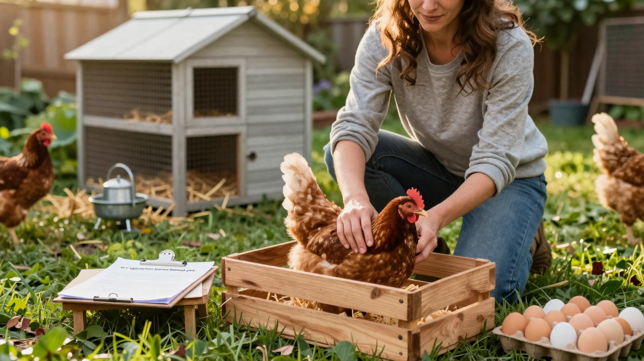 Frau setzt ein Huhn in eine Holzkiste, Hühnerstall und Eier im Gras im Garten bei sonnigem Wetter.