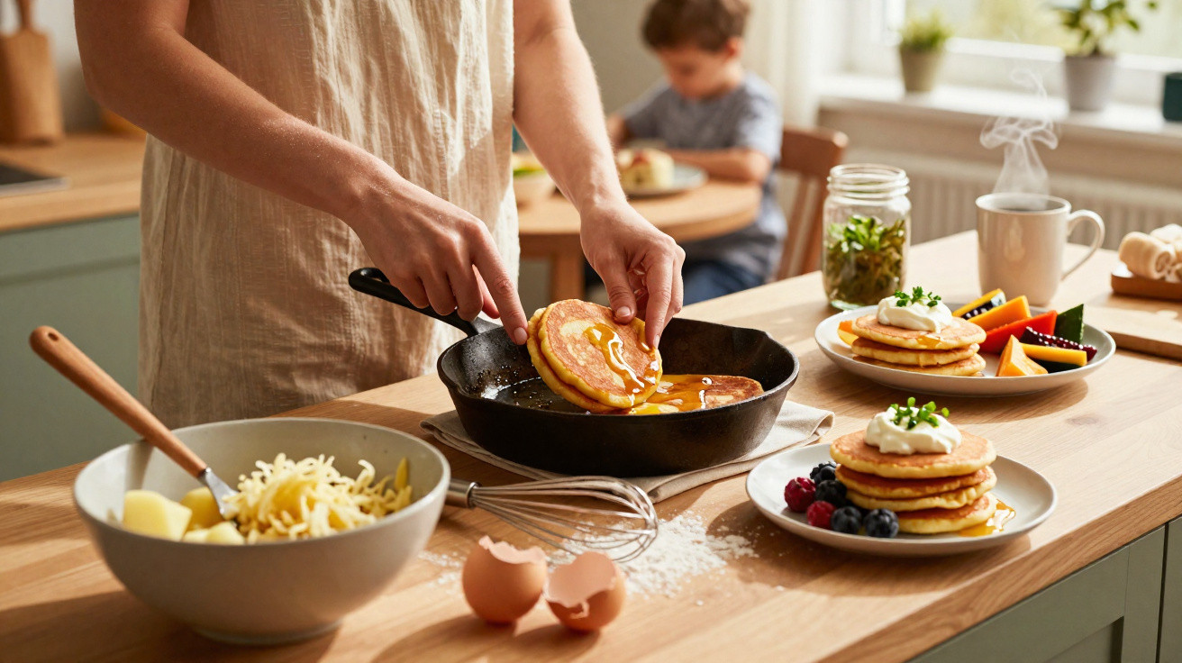 Person brät Pancakes, zwei Teller mit Pancakes und Obst auf der Arbeitsplatte, Kind im Hintergrund am Tisch