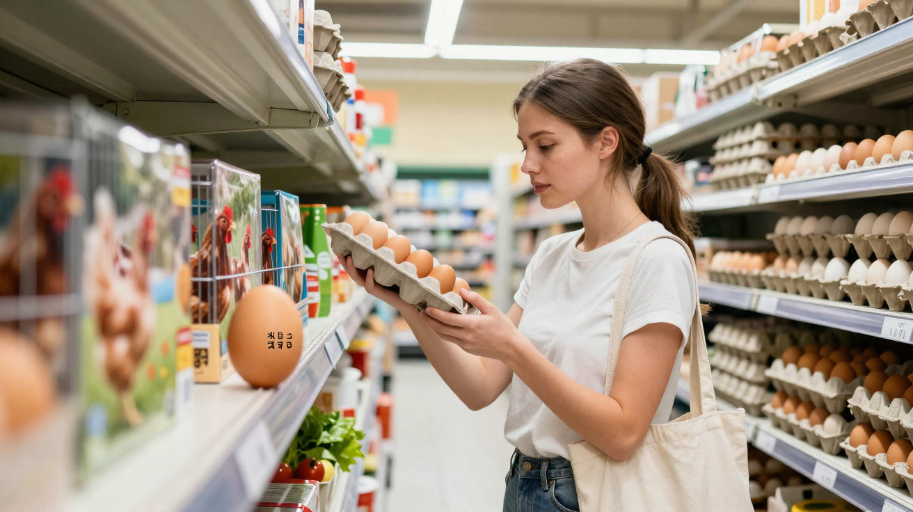 Frau im Supermarkt prüft Eierpackung in einem Gang mit vielen Eierschachteln auf Regalen.