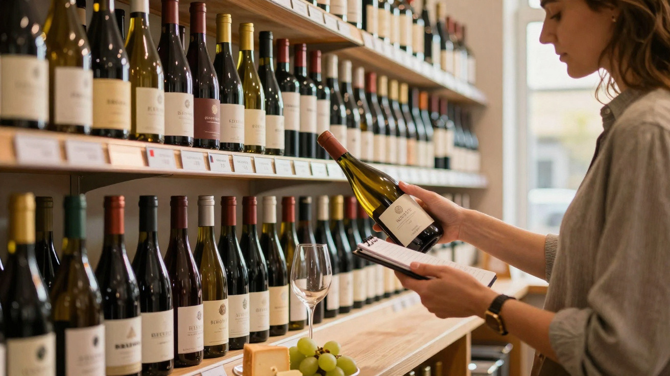 Frau liest Weinetikett in Weinladen mit Regalen voller Weinflaschen und Tisch mit Käse und Trauben.