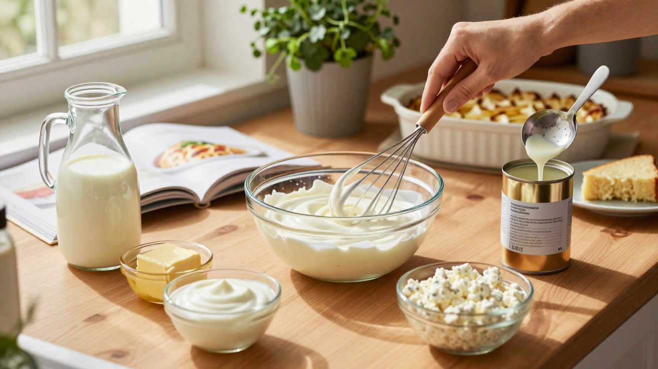Hand rührt Sahne in Schüssel, Zutaten wie Milch, Butter und Quark stehen am Tisch in Küche neben Fenster.