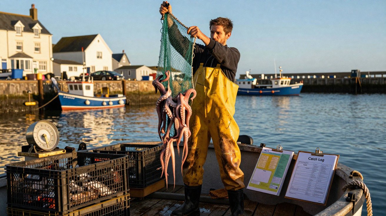 Fischer in gelber Latzhose hebt Netz mit Tintenfischen auf Boot im Hafen bei Sonnenuntergang.