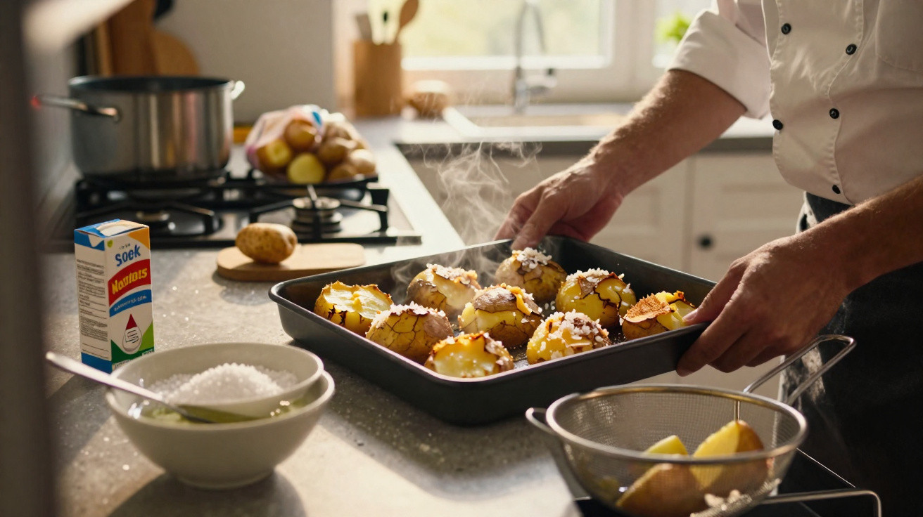Mann nimmt frisch gebackene Ofenkartoffeln mit grobem Salz aus dem Backofen in einer hellen Küche.