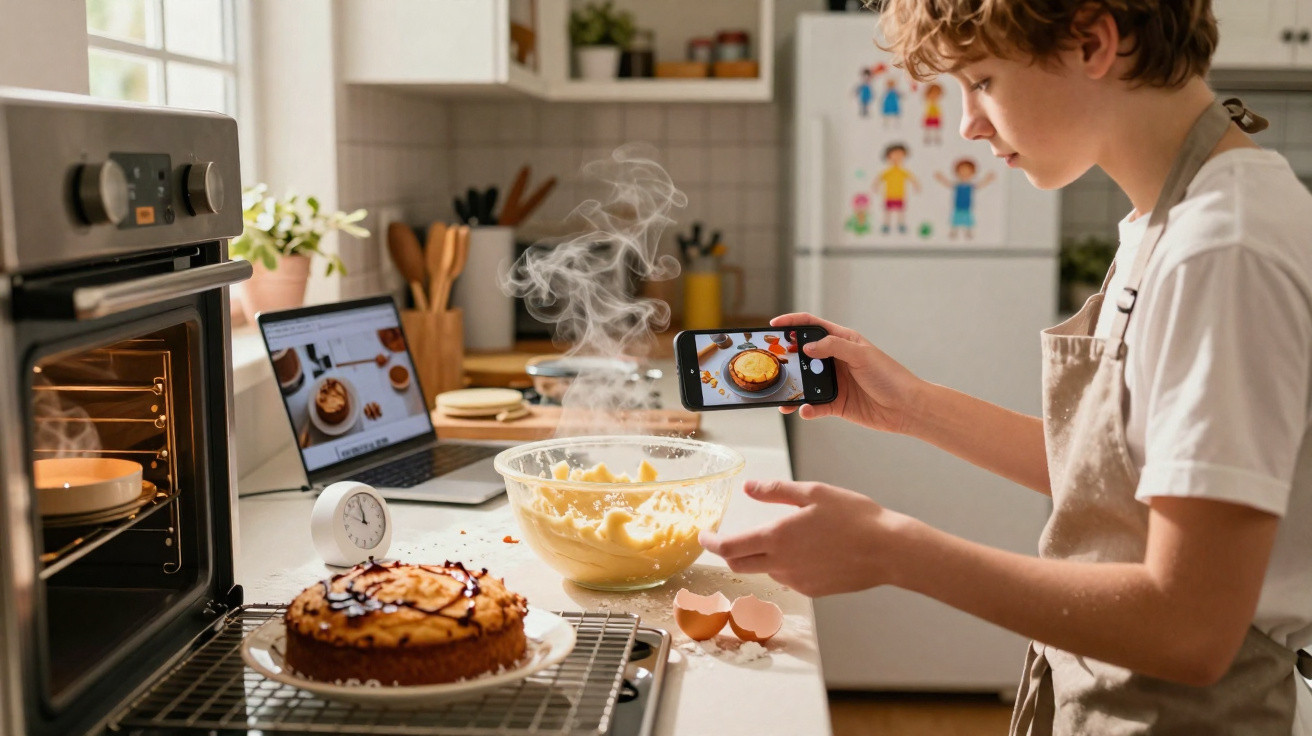 Kind fotografiert frisch gebackenen Kuchen in heimischer Küche mit Handy und Laptop im Hintergrund.