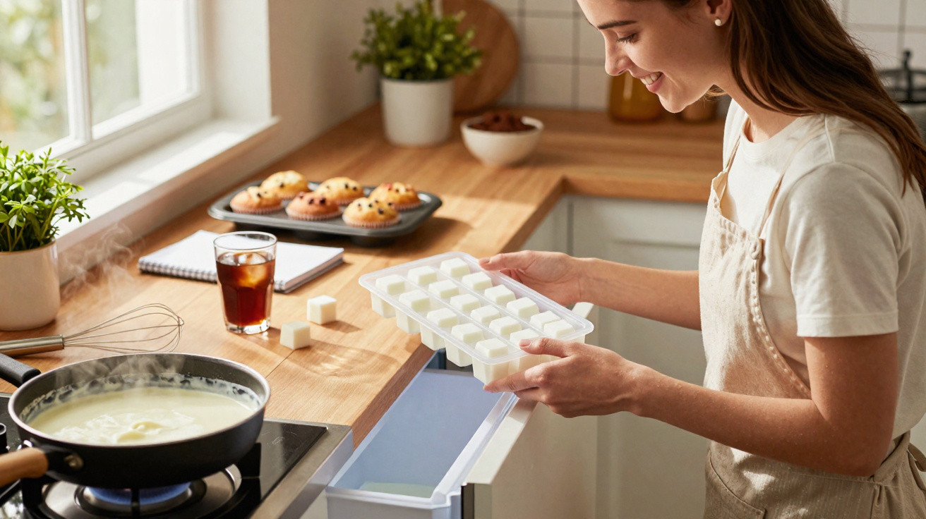 Frau in der Küche legt ein Eiswürfelfach in die Gefriertruhe, auf der Arbeitsfläche Muffins und Getränk.