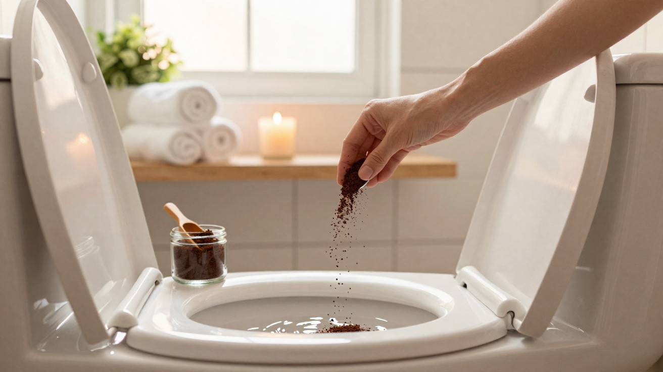 Hand streut Kaffeepulver zur Reinigung in eine geöffnete Toilettenschüssel, Badezimmer im Hintergrund.
