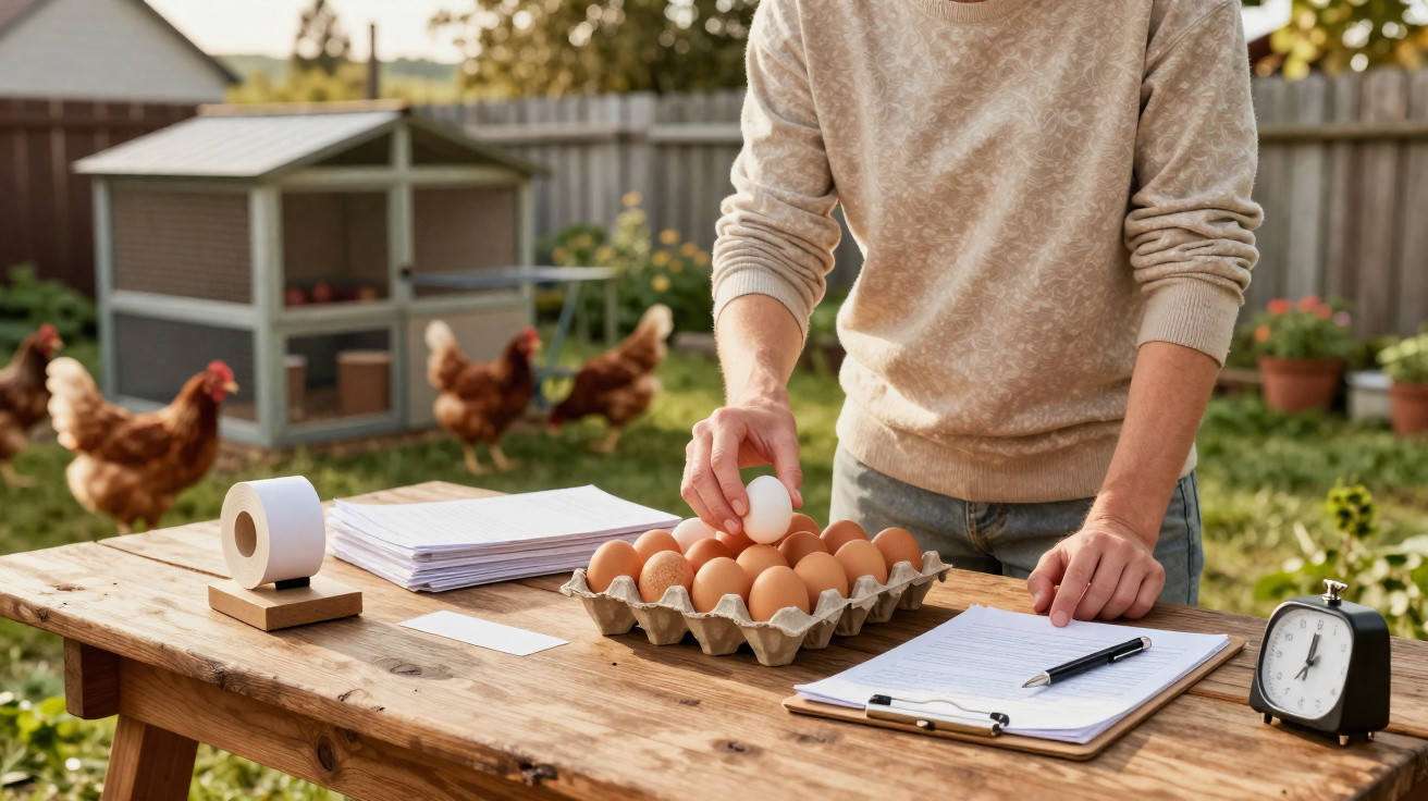 Eine Person sortiert Eier am Tisch im Garten, mit Hühnerstall und Hühnern im Hintergrund.