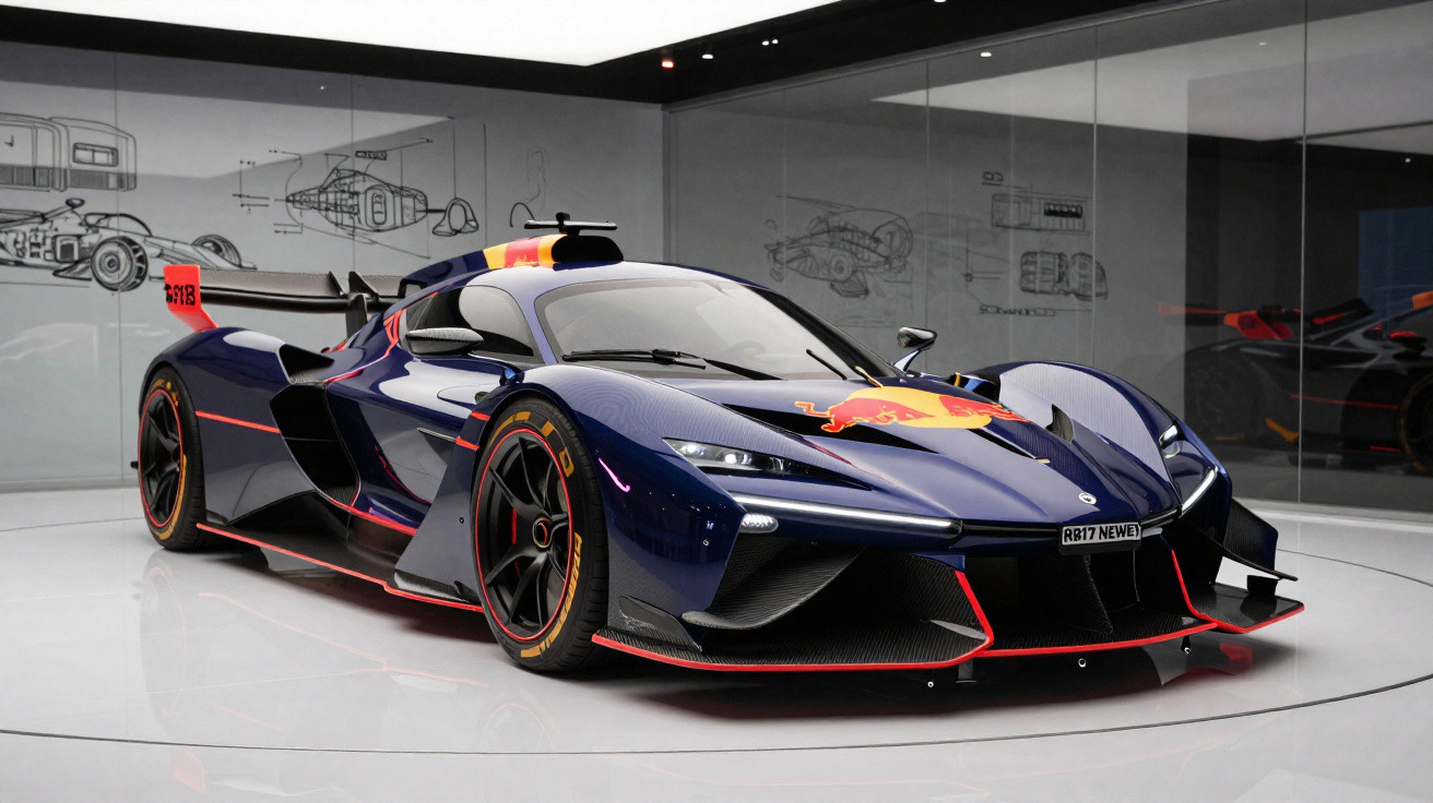Dunkelblauer Rennwagen mit Red Bull Logo in Museumsausstellung vor technischen Skizzen an der Wand.