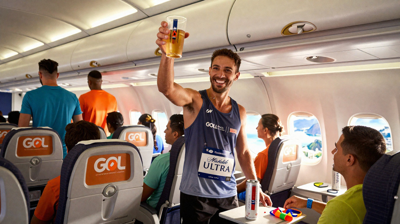 Mann in Sportoutfit hält im Flugzeug lächelnd ein Bierglas in die Höhe, Passagiere sitzen um ihn herum.